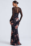 Robe formelle à manches longues en sirène à col fleuri noir à illusion