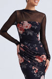 Robe formelle à manches longues en sirène à col fleuri noir à illusion