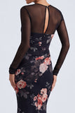 Robe formelle à manches longues en sirène à col fleuri noir à illusion
