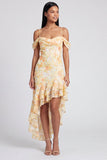 Robe fleurie jaune à volants froids