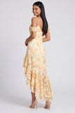 Robe fleurie jaune à volants froids