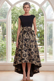 Robe noire A-Line à col bateau fleurie, Jasquard, haute basse, Mère de la Mariée avec nœud