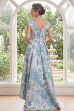 Robe de la mère de la mariée bleue à col en V bleue à col en V avec des manches courtes
