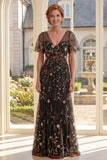 Robe longue Mother Of the Bride en tulle noir à col en V à col en V et manches flottantes