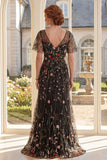 Robe longue Mother Of the Bride en tulle noir à col en V à col en V et manches flottantes