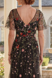 Robe longue Mother Of the Bride en tulle noir à col en V à col en V et manches flottantes