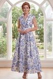 Robe longue de la mariée Jacquard en fleur blanche, bleue, à manches courtes