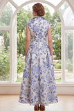 Robe longue de la mariée Jacquard en fleur blanche, bleue, à manches courtes