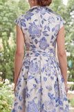 Robe longue de la mariée Jacquard en fleur blanche, bleue, à manches courtes