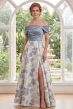 Robe longue de la mariée Jacquard longue en ligne A bleue dénudée avec fente