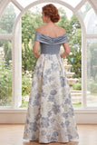 Robe longue de la mariée Jacquard longue en ligne A bleue dénudée avec fente