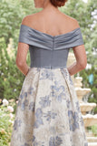 Robe longue de la mariée Jacquard longue en ligne A bleue dénudée avec fente