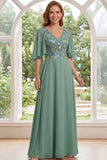 Robe longue Mother Of the Bride en chiffon en mousseline en V à col en V verte sauge