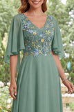 Robe longue Mother Of the Bride en chiffon en mousseline en V à col en V verte sauge
