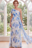 Robe de mère de la mariée longue à fleur blanche bleue en chiffon à une épaule et écharpe