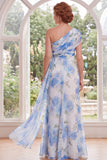 Robe de mère de la mariée longue à fleur blanche bleue en chiffon à une épaule et écharpe