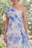 Robe de mère de la mariée longue à fleur blanche bleue en chiffon à une épaule et écharpe