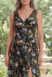Longue robe de la mère de la mariée brodée en tulle noir ligne A à col en V