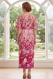 Robe de la mère de la mariée brodée en bateau fleuri fuchsia avec fente