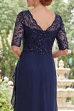 Robe longue mère de la mariée à perles en chiffon bleu marine avec volants