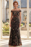 Robe longue mère de la mariée en tulle noir brodée à épaules dénudées