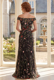 Robe longue mère de la mariée en tulle noir brodée à épaules dénudées