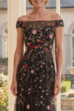 Robe longue mère de la mariée en tulle noir brodée à épaules dénudées