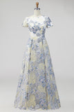 Robe longue de mère de la mariée à col rond Jacquard bleu poussiéreux à manches courtes