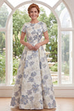 Robe longue de mère de la mariée à col rond Jacquard bleu poussiéreux à manches courtes