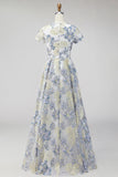 Robe longue de mère de la mariée à col rond Jacquard bleu poussiéreux à manches courtes