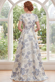 Robe longue de mère de la mariée à col rond Jacquard bleu poussiéreux à manches courtes
