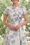 Robe longue de mère de la mariée à col rond Jacquard bleu poussiéreux à manches courtes
