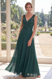 Robe longue en chiffon en mousseline vert foncé à col en V avec perles