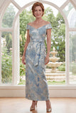 Robe bleue à épaules dénudées, Jacquard florale longue de la mère de la mariée avec ceinture
