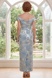 Robe bleue à épaules dénudées, Jacquard florale longue de la mère de la mariée avec ceinture