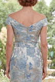 Robe bleue à épaules dénudées, Jacquard florale longue de la mère de la mariée avec ceinture