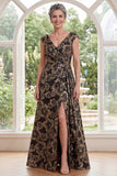 Robe longue mère de la mariée noire Jacquard à col en V et longue robe fleurie à fente