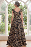 Robe longue mère de la mariée noire Jacquard à col en V et longue robe fleurie à fente