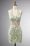 Robe de bal de la rentrée à col nu transparent à col long vert sauge brodée