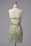 Robe de bal de la rentrée à col nu transparent à col long vert sauge brodée