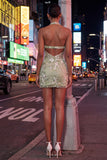 Robe de bal de la rentrée à col nu transparent à col long vert sauge brodée