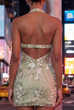Robe de bal de la rentrée à col nu transparent à col long vert sauge brodée