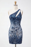 Robe de bal à fleurs de la rentrée bleu marine à paillettes moulantes à une épaule