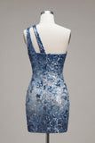 Robe de bal à fleurs de la rentrée bleu marine à paillettes moulantes à une épaule