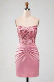 Robe de rentrée rose rose, bretelle, fronçée et paillettes Bodycon,