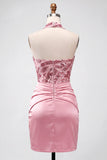 Robe de rentrée rose rose, bretelle, fronçée et paillettes Bodycon,