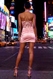 Robe de rentrée rose rose, bretelle, fronçée et paillettes Bodycon,