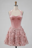 Corset rose à col nu rose ligne A, robe de bal à paillettes florales avec appliques