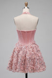 Corset rose à col nu rose ligne A, robe de bal à paillettes florales avec appliques
