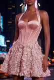 Corset rose à col nu rose ligne A, robe de bal à paillettes florales avec appliques